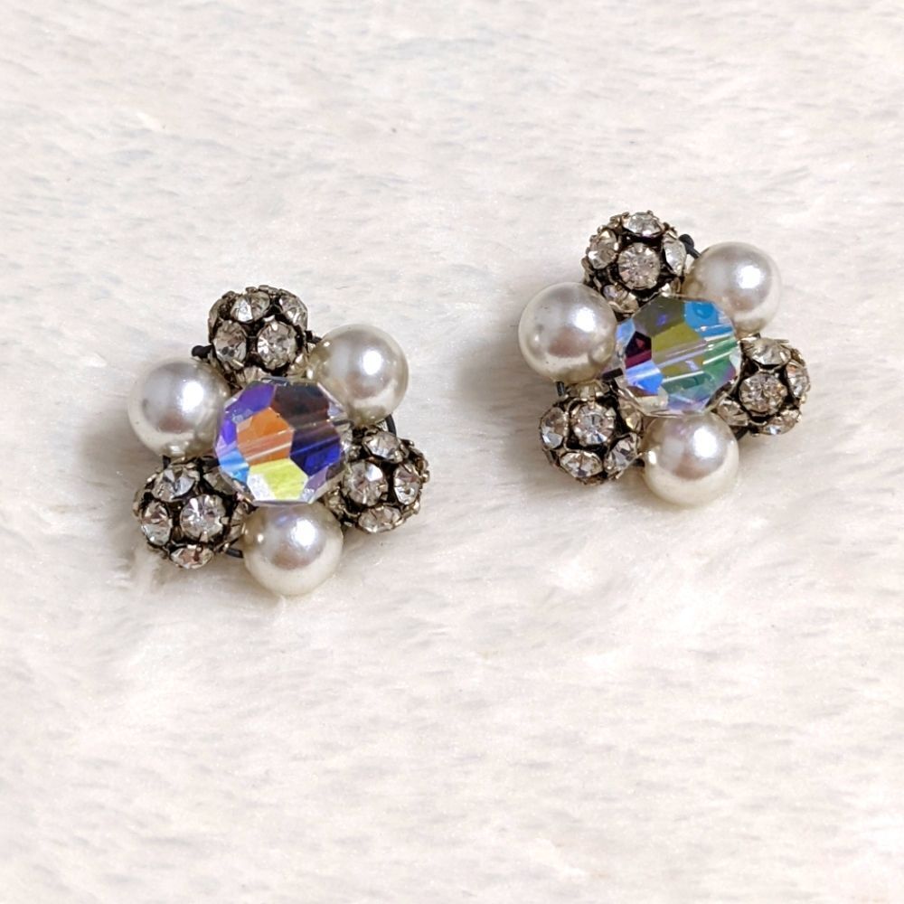 Vintage 60's Rhinestone & Faux Pearl Clip Earrings